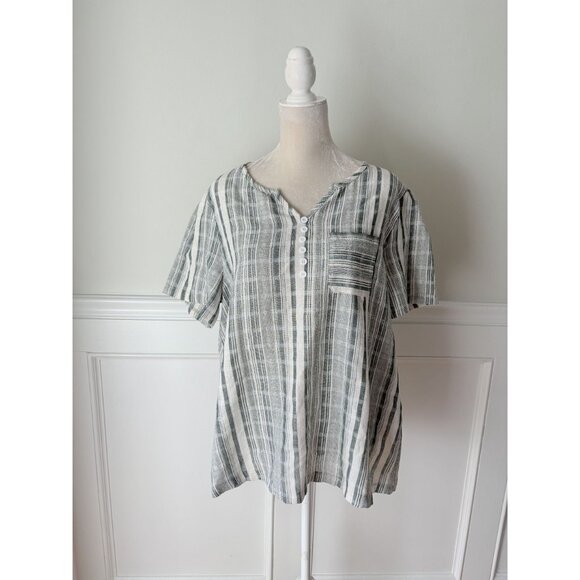 Sage and Cream Striped Textured Popover Blouse Top XL - Picture 2 of 6